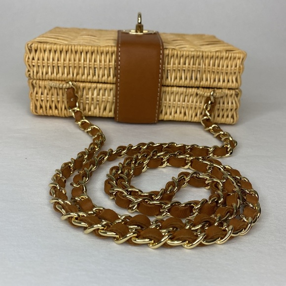 J. McLaughlin Wicker Straw & Leather Rectangle Box Handbag, Gold Hardware, NWOT - Picture 10 of 16